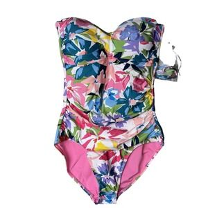 Anne Cole Floral  Twist Front‎ Shirred Bandeau ONE Piece, Size 12